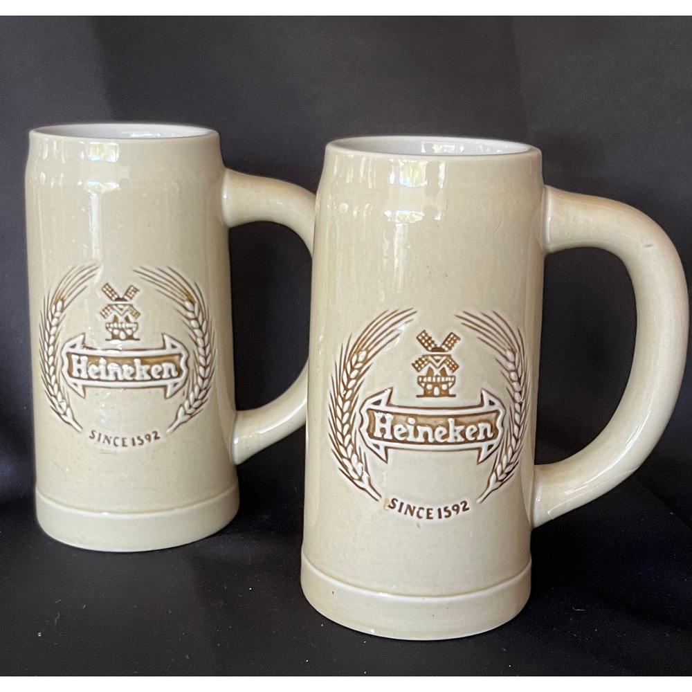 Vintage Heineken Beer Steins Set of 2 Ceramarte Brazil Ceramic Mugs Cream Brown